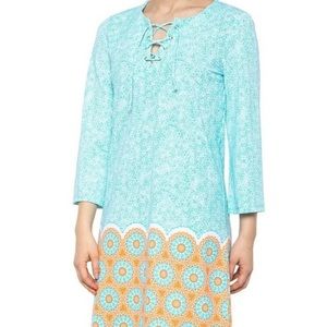 Cabana Life White Aqua Citrus Lace Up V Neck 3/4 Sleeve Shift Dress Small NWT